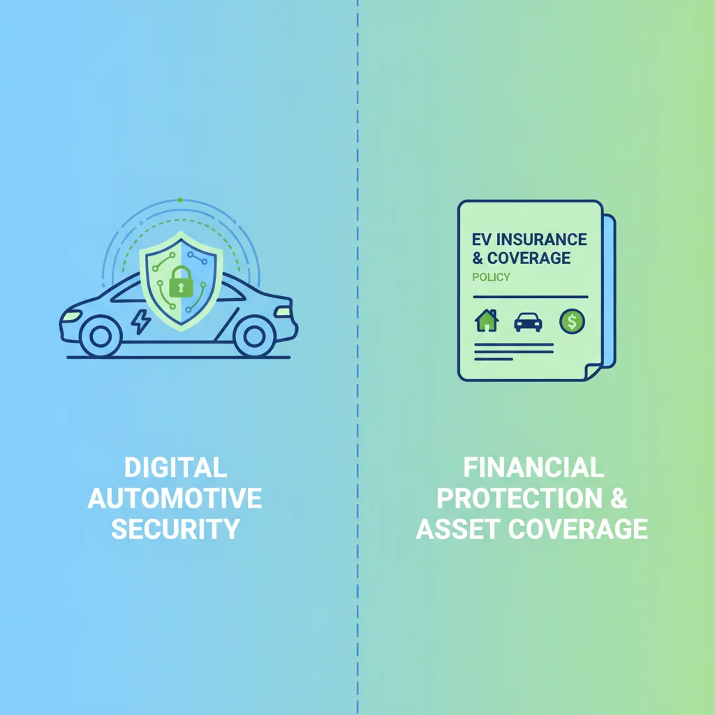 Split illustration showing electric vehicle security features alongside auto insurance policy documents
