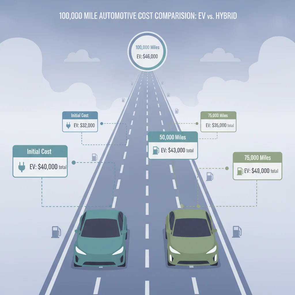 Illustrated timeline road showing cumulative fuel cost markers for an EV and hybrid over 100,000 miles