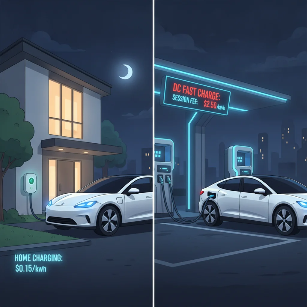 Electric vehicle charging at home at night versus using an expensive public DC fast charger at a highway station