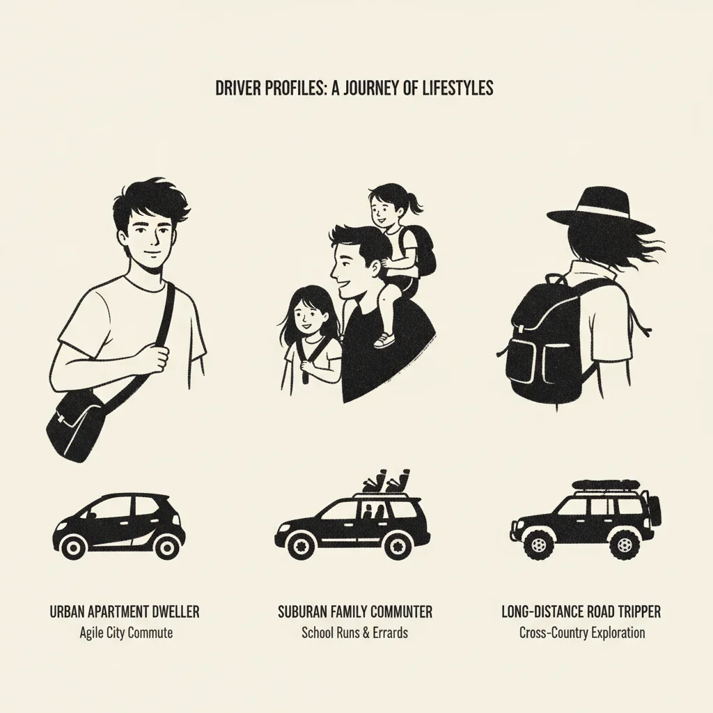 Three driver profile illustrations representing urban, suburban, and long-distance driving patterns with associated vehicle recommendations