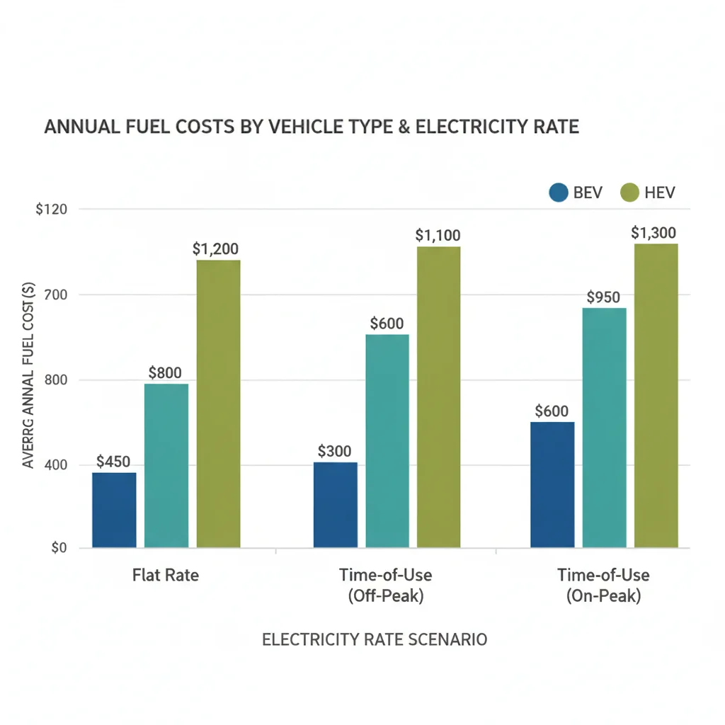 Bar chart comparing 100,000-mile fuel costs for BEV, PHEV, and hybrid vehicles across low, average, and high electricity rate scenarios
