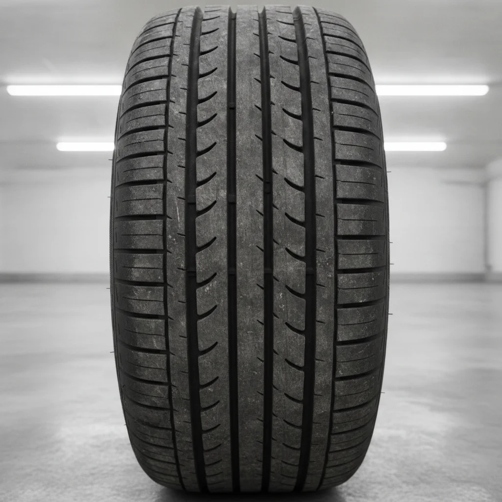 Close-up view of worn electric vehicle tire tread showing depth indicators on garage floor