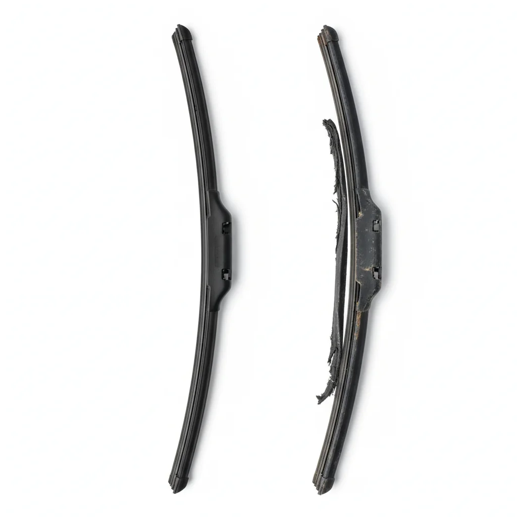 New beam wiper blade beside a worn conventional wiper blade showing rubber degradation