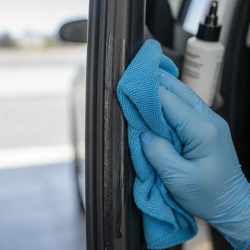 Person applying rubber conditioner to electric vehicle door seal with microfiber cloth