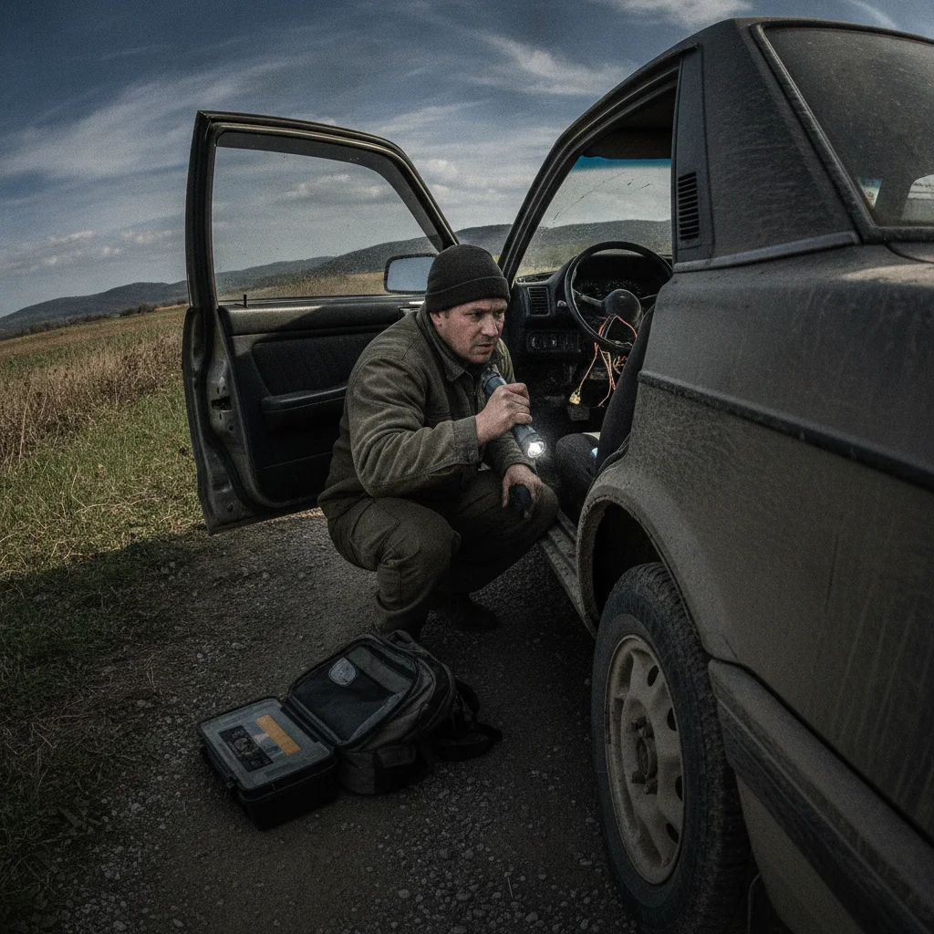 Person crouching beside an open car door, shining a flashlight into the footwell during a pre-purchase inspection