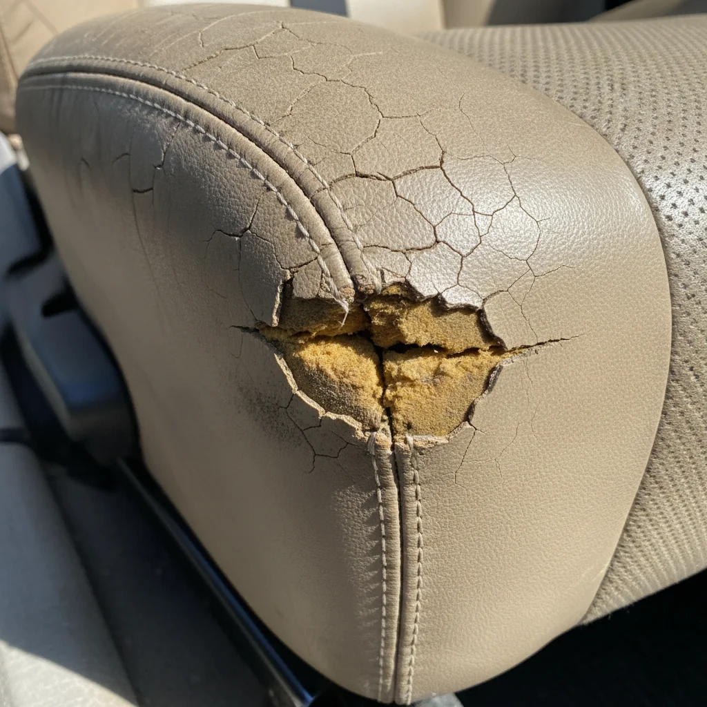 Close-up of a cracked and worn leather seat bolster with foam showing through on a used car driver's seat