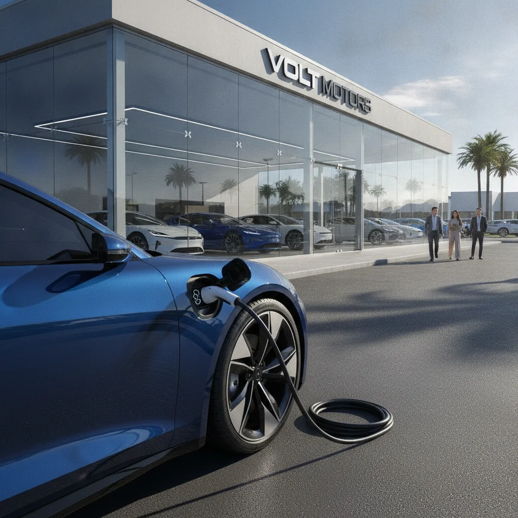 Electric vehicle with open charge port showing CCS connector socket parked at a dealership on a sunny day