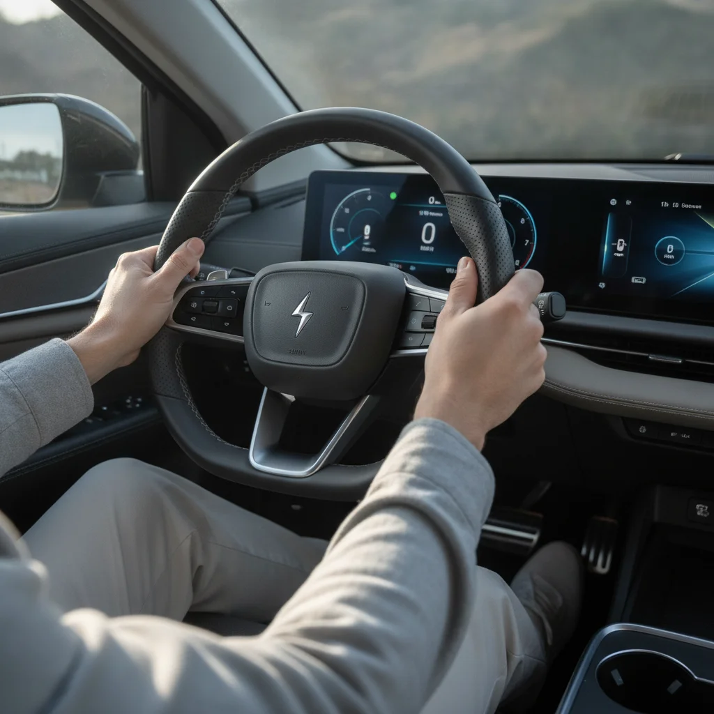 Driver lifting foot from accelerator pedal in an EV to engage regenerative braking, energy display visible on dashboard screen