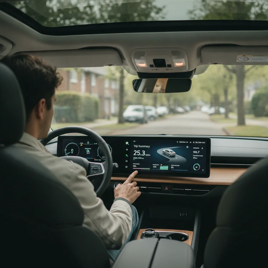 Driver reviewing EV energy consumption trip summary screen showing kWh used and efficiency data after returning from test drive