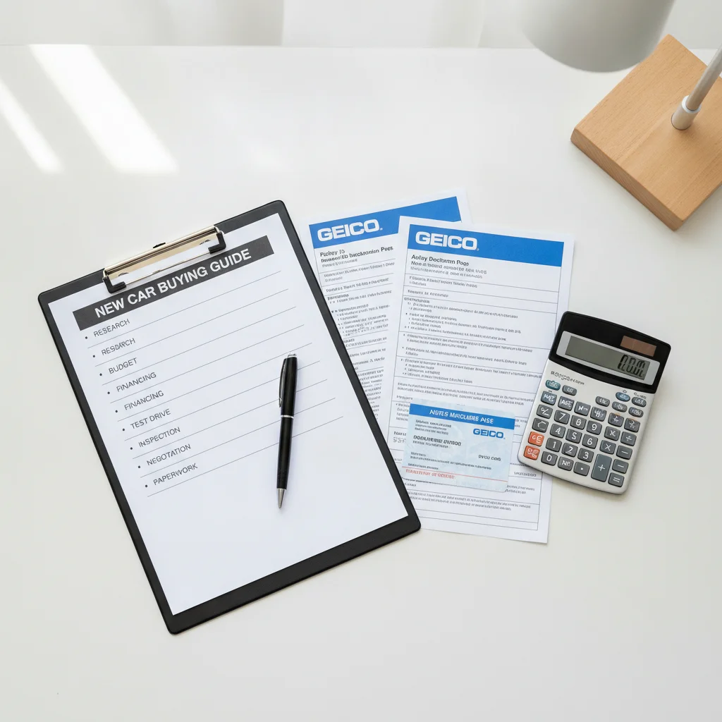 Checklist, insurance documents, and calculator laid out on a desk for car purchase preparation
