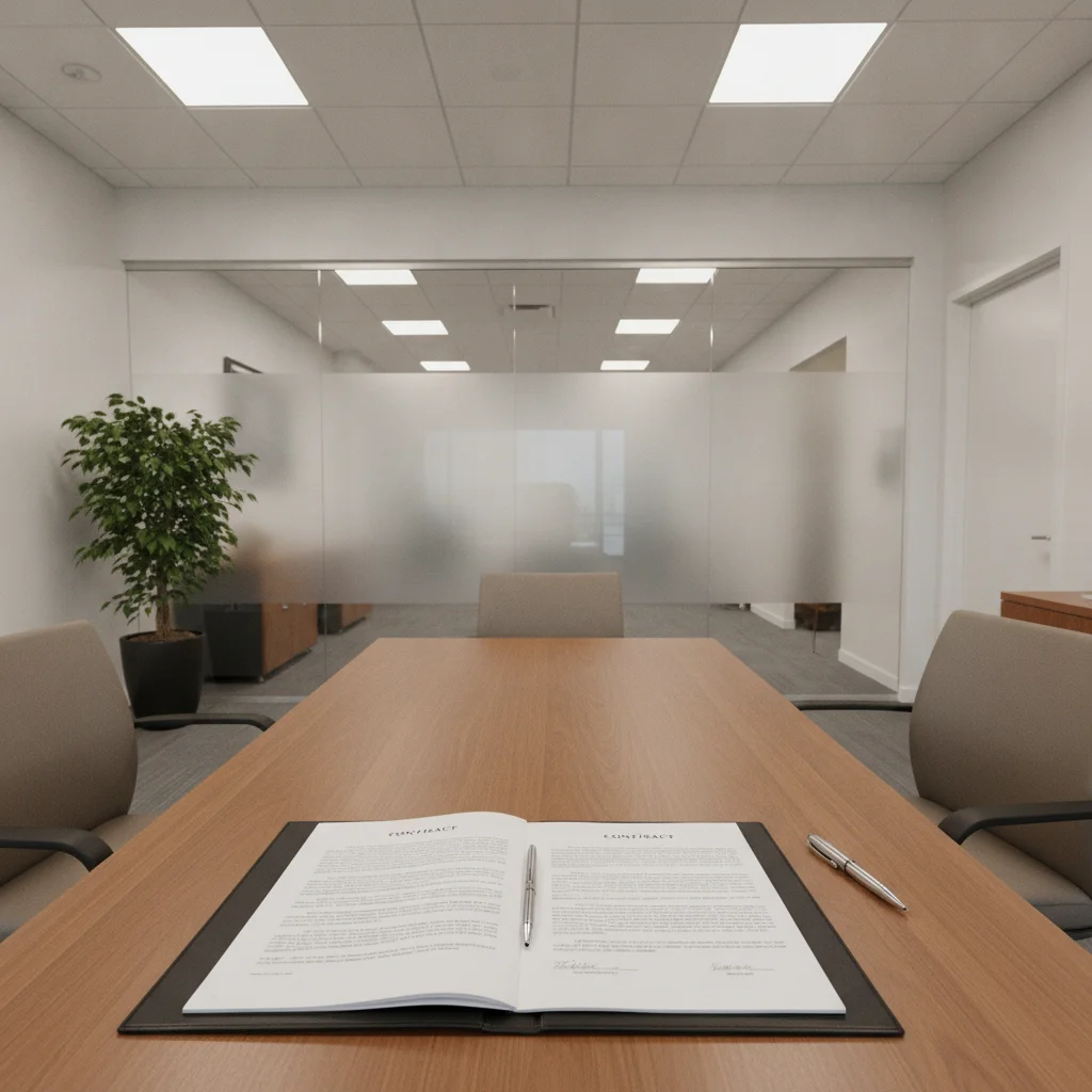 Empty dealership finance and insurance office desk with contract paperwork and pen ready for signing