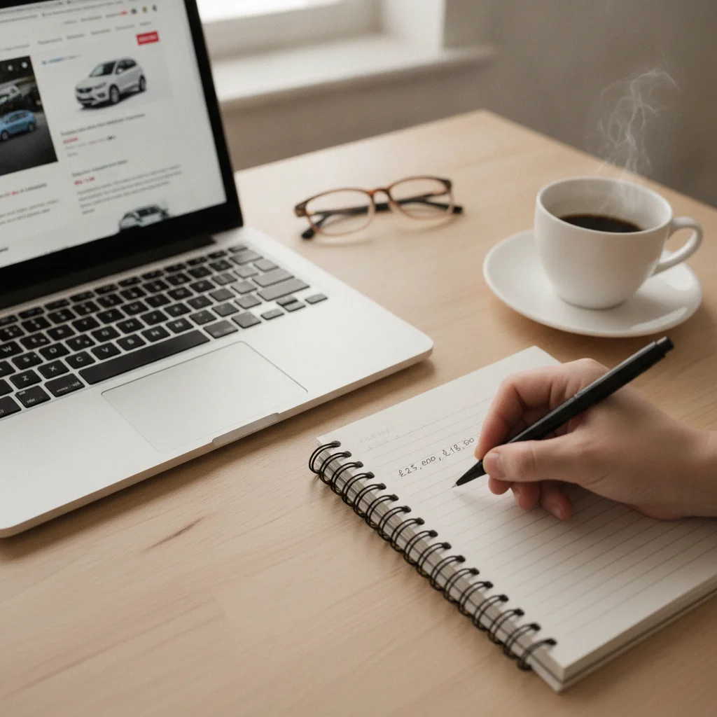 Person writing down trade-in valuation figures from multiple websites in a notebook