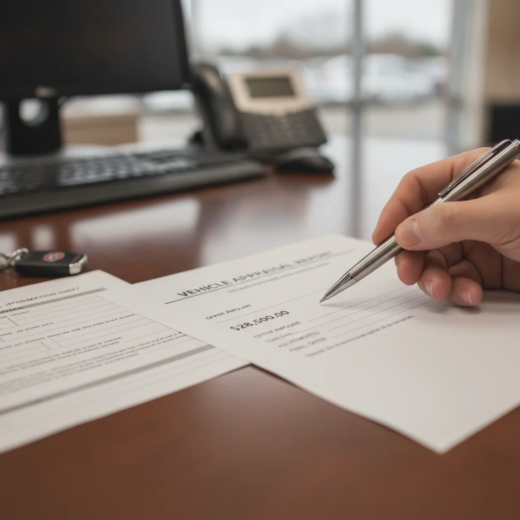 Dealer appraisal form with a trade-in offer dollar amount circled on a dealership desk