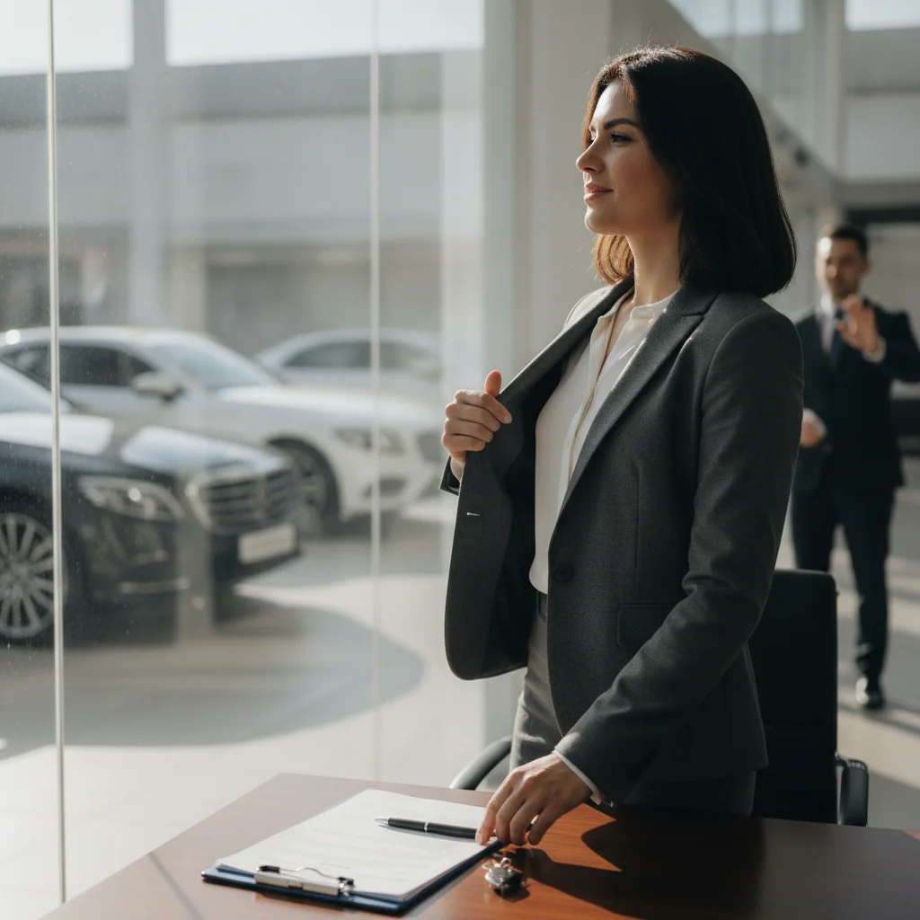 Person walking away from a car dealership negotiation table, leaving paperwork behind