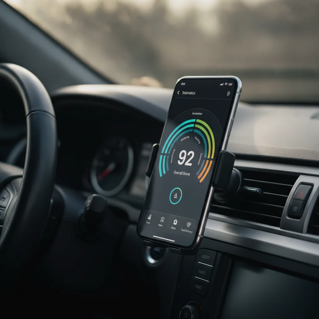 Smartphone mounted on car dashboard displaying telematics driving score with performance graphs