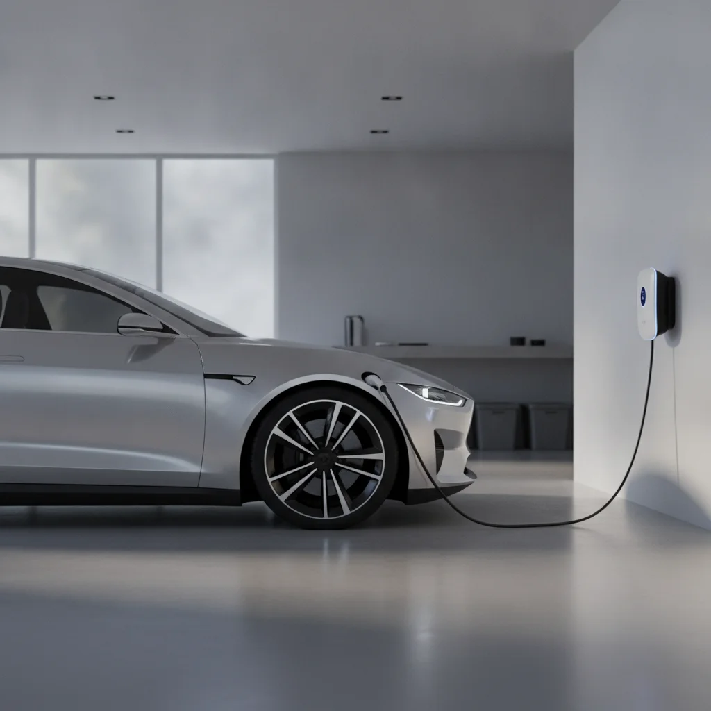 Modern electric vehicle charging at a home station inside a residential garage