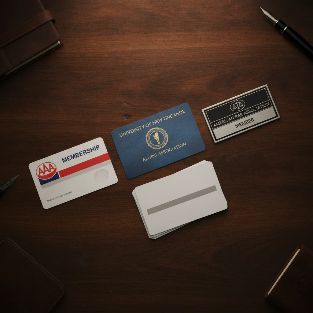 Collection of membership cards including alumni association, AAA, and professional organization badges