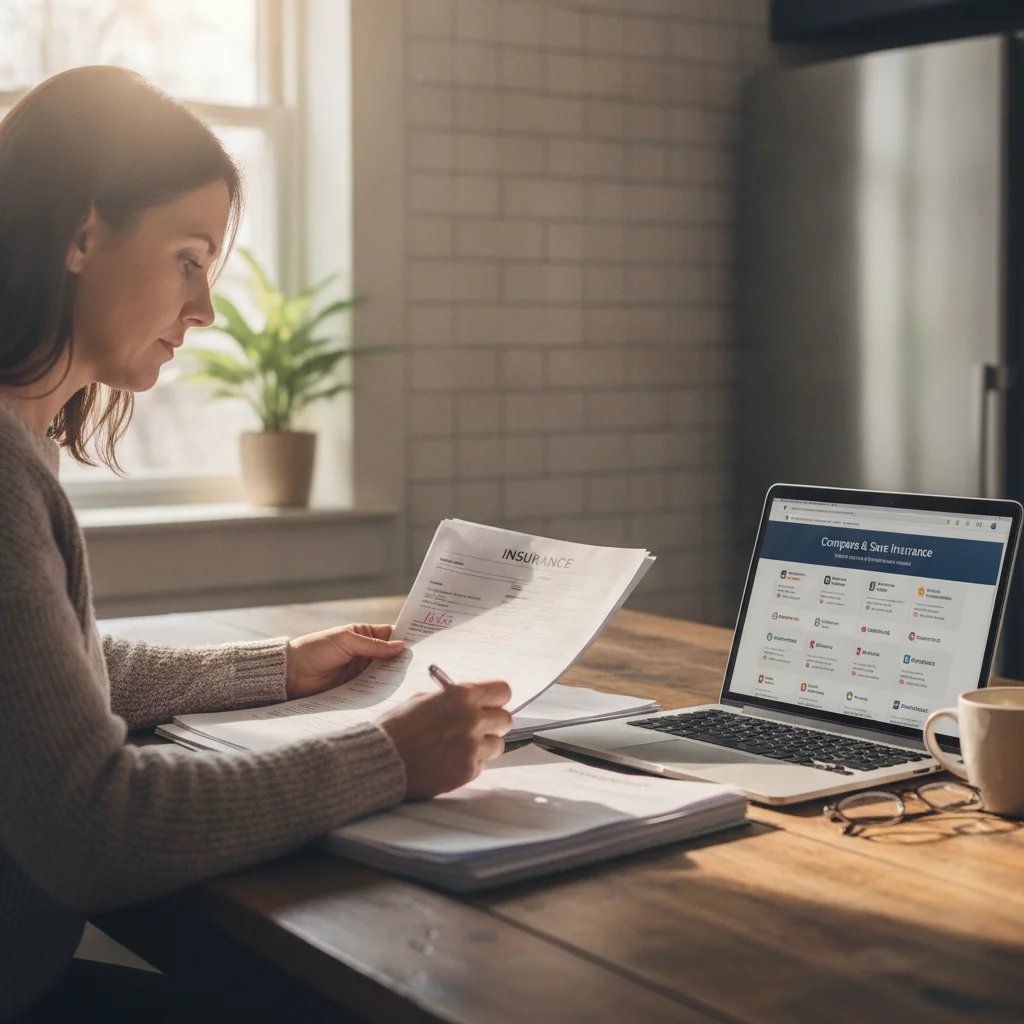 Person reviewing auto insurance policy documents at home kitchen table next to open laptop