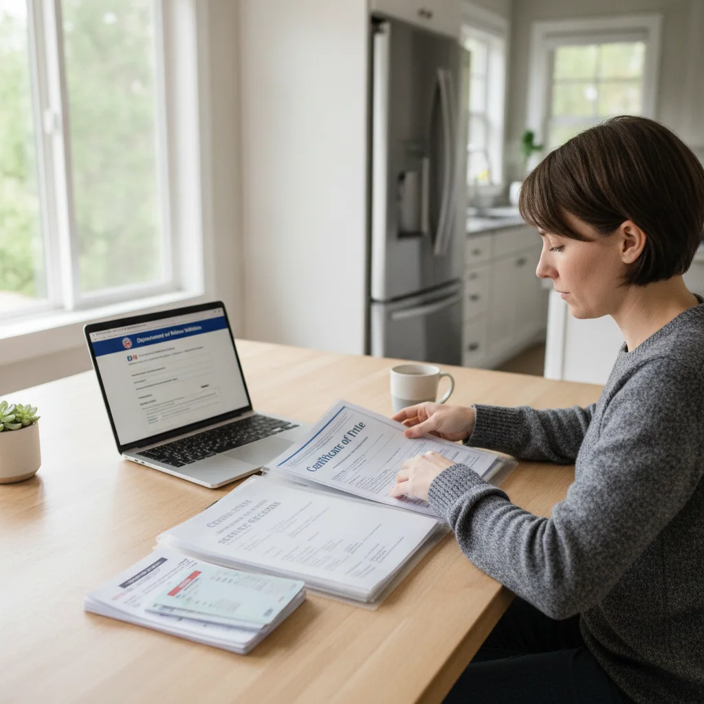 Person organizing vehicle title, service records and sale documents into a folder at a kitchen table