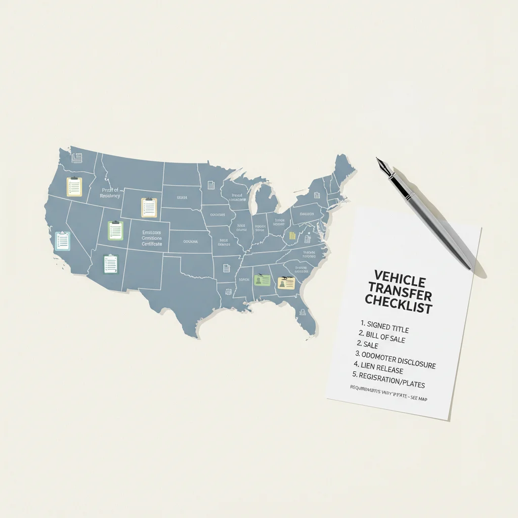 Illustrated U.S. map showing state-by-state variations in vehicle sale document requirements