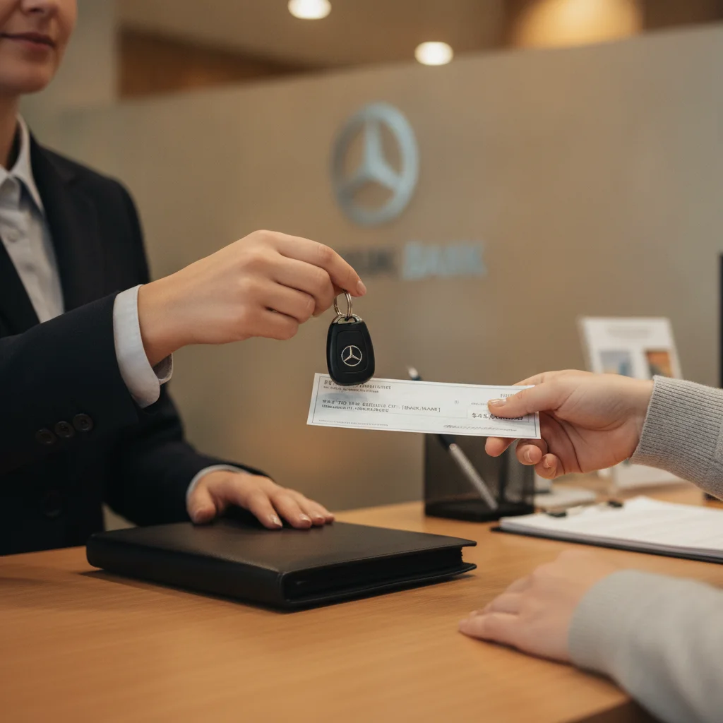 Car keys and document folder being exchanged at a bank table alongside a cashier's check payment