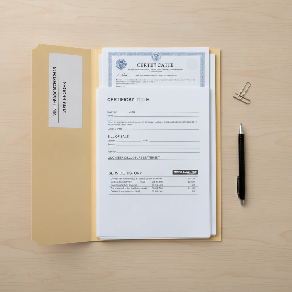 Open document folder labeled with vehicle VIN showing organized title, bill of sale and service records