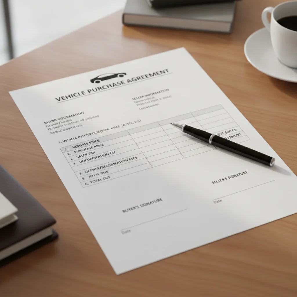 Close-up of a car purchase agreement document with line items and signature fields