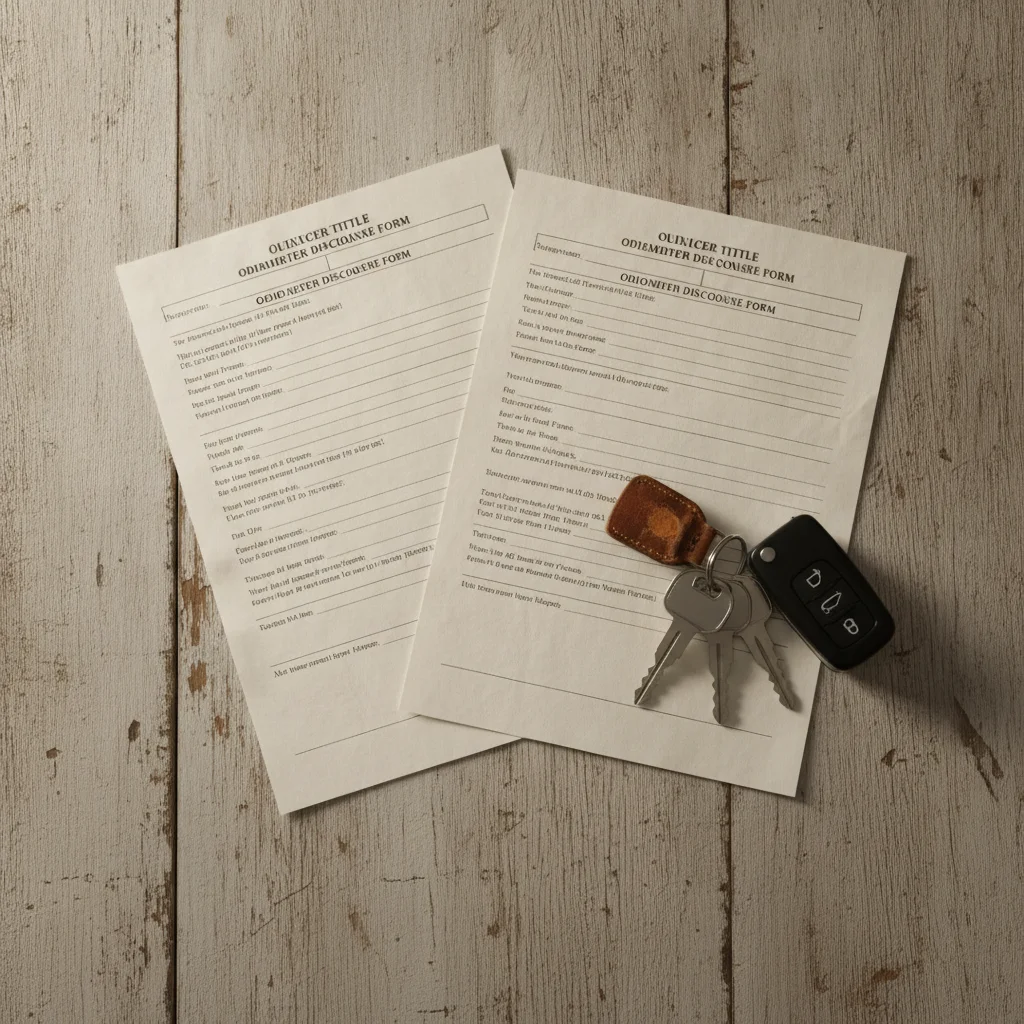 Car title document and odometer disclosure form next to a set of vehicle keys