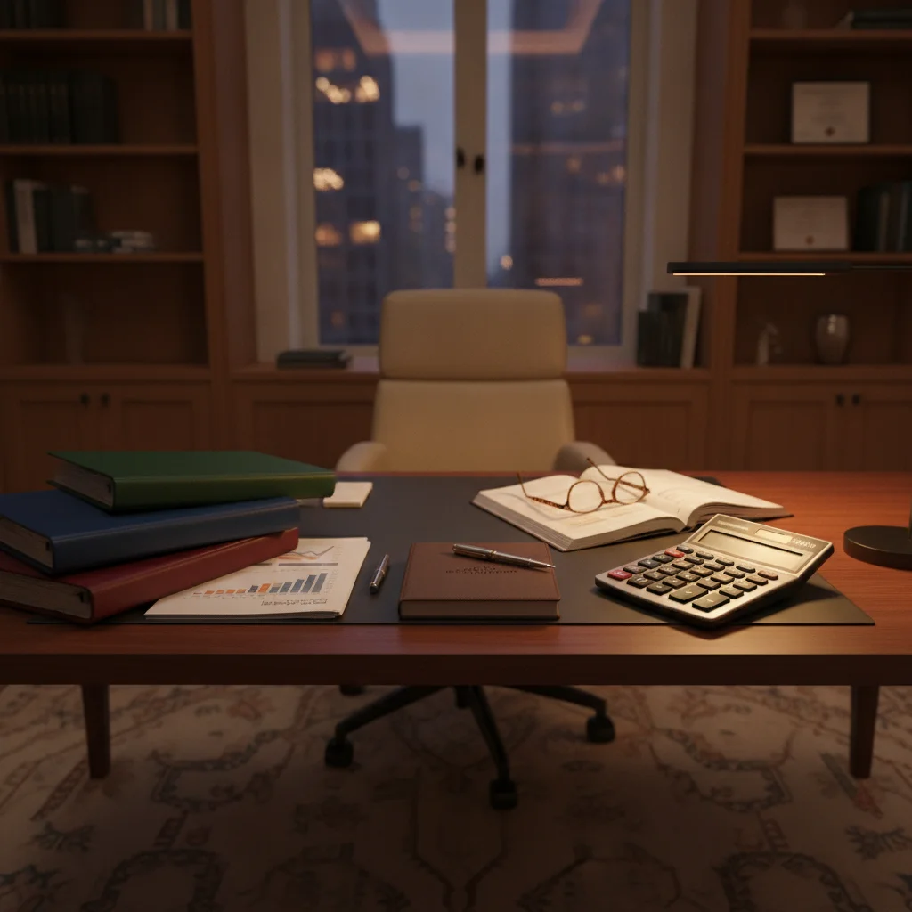 Finance office desk with document folders, a calculator, and reading glasses