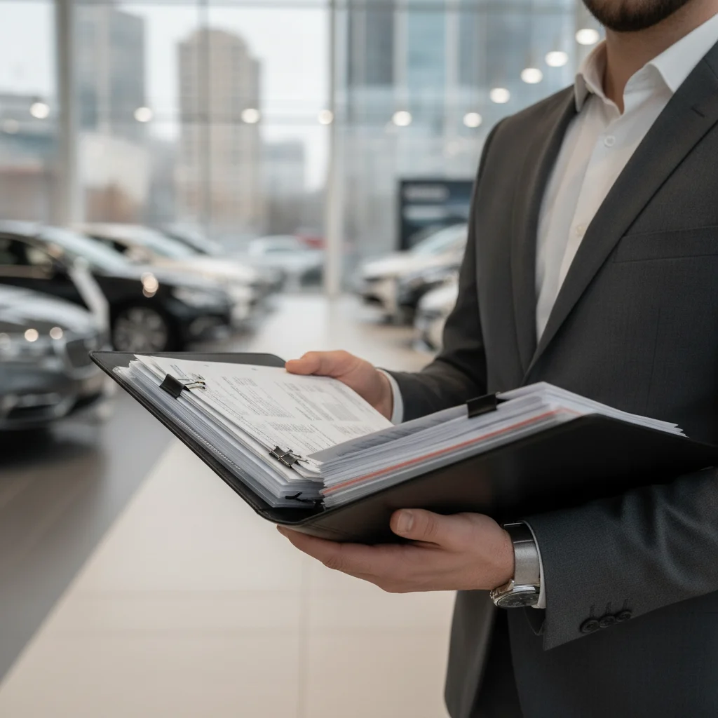 Person holding an organized folder of car dealership documents at a dealership