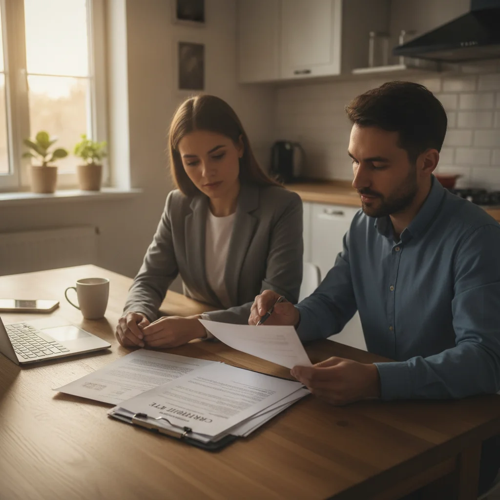 A seller and buyer reviewing vehicle title documents together at a kitchen table