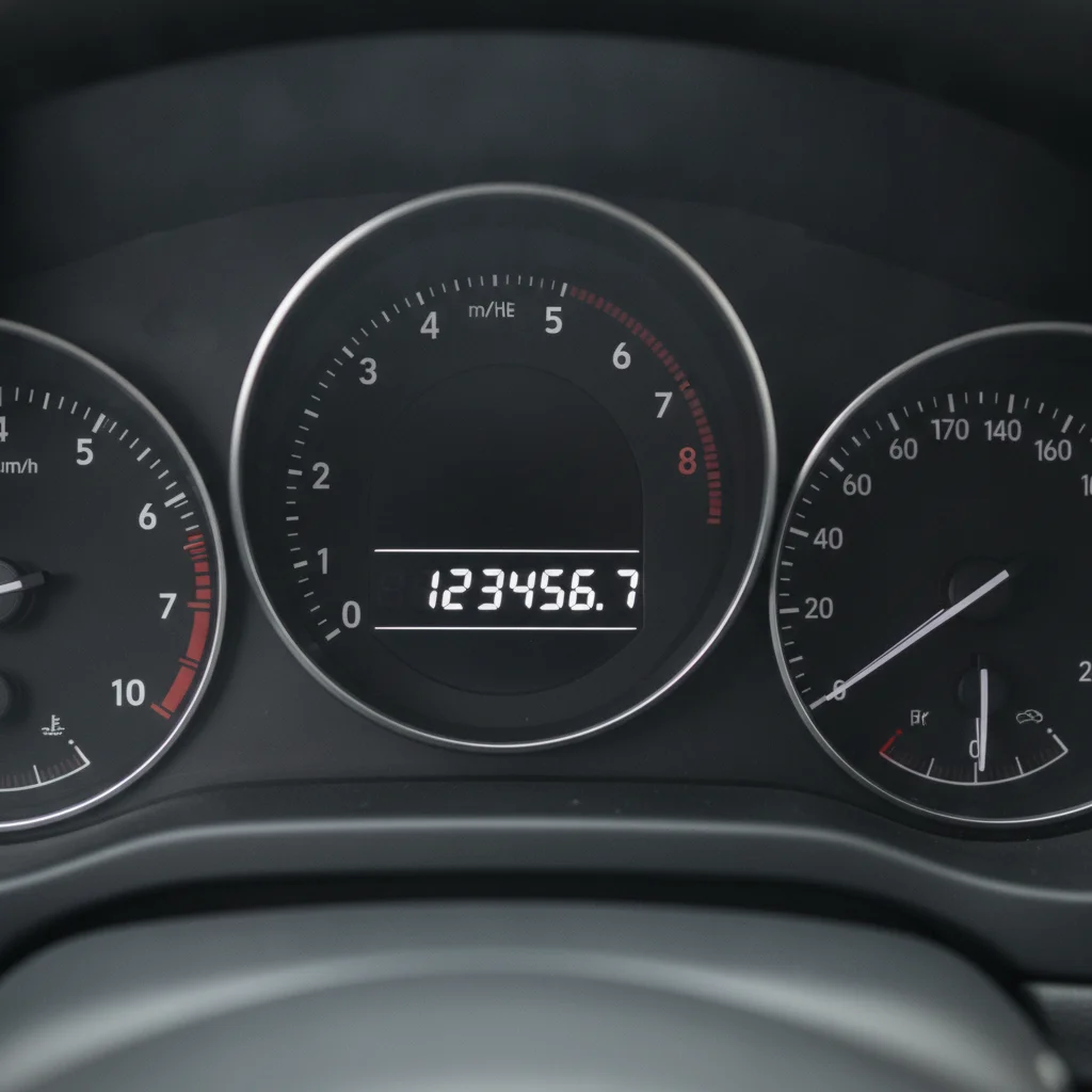 Close-up of a car odometer displaying mileage on a vehicle dashboard instrument cluster