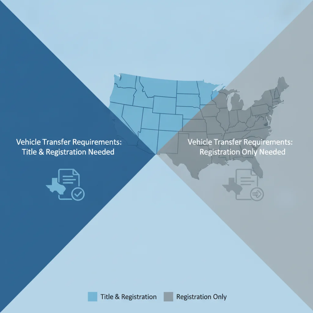 Illustrated U.S. map showing states with different vehicle title transfer requirements highlighted in color