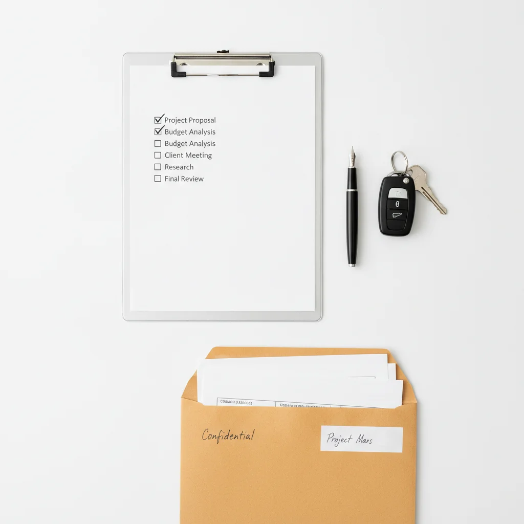 Completed vehicle sale checklist on a clipboard next to car keys and an envelope of documents