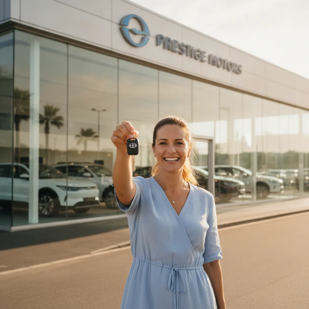 New car owner holding keys in front of a dealership showroom on a sunny day