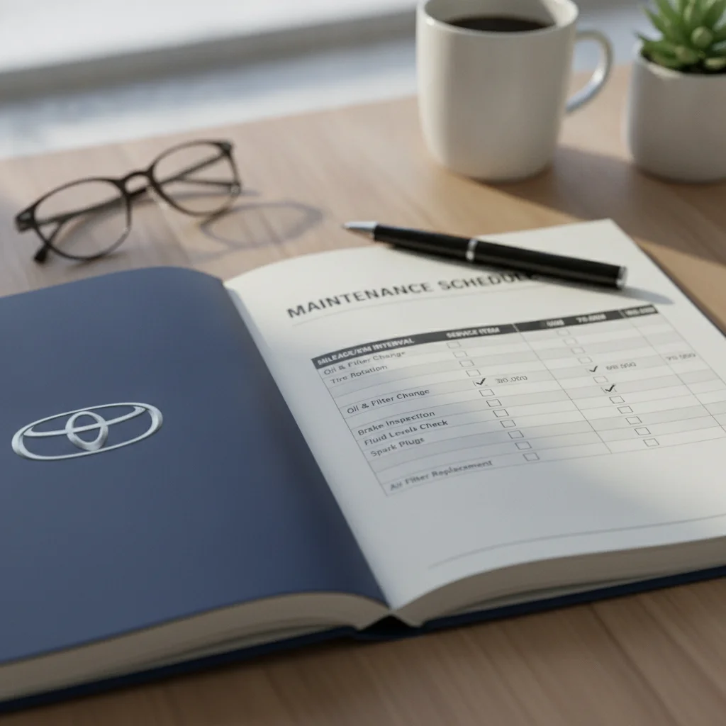 Open owner's manual showing a vehicle maintenance schedule with mileage intervals and service checkboxes