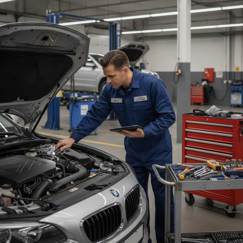 Automotive technician inspecting an open engine bay during a scheduled vehicle service