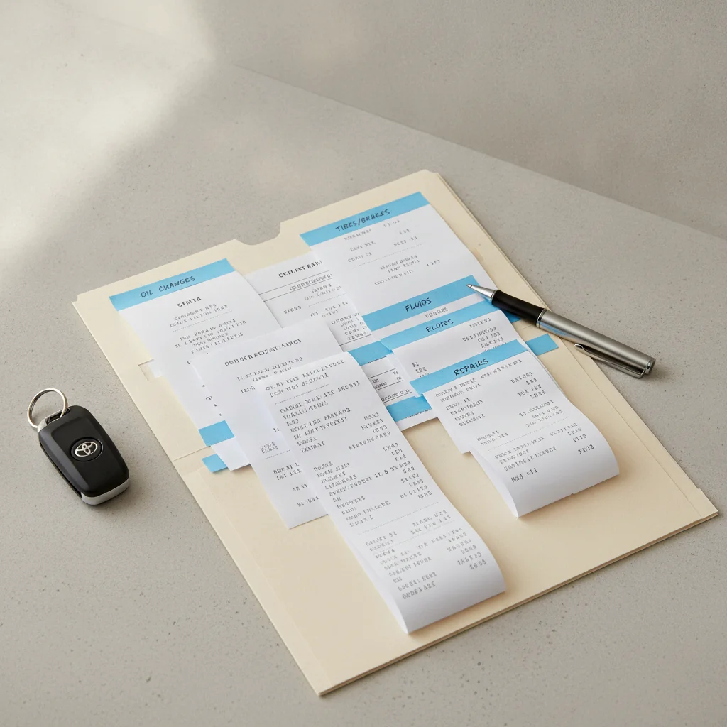 Organized folder of vehicle maintenance records and service receipts on a desk with a car key