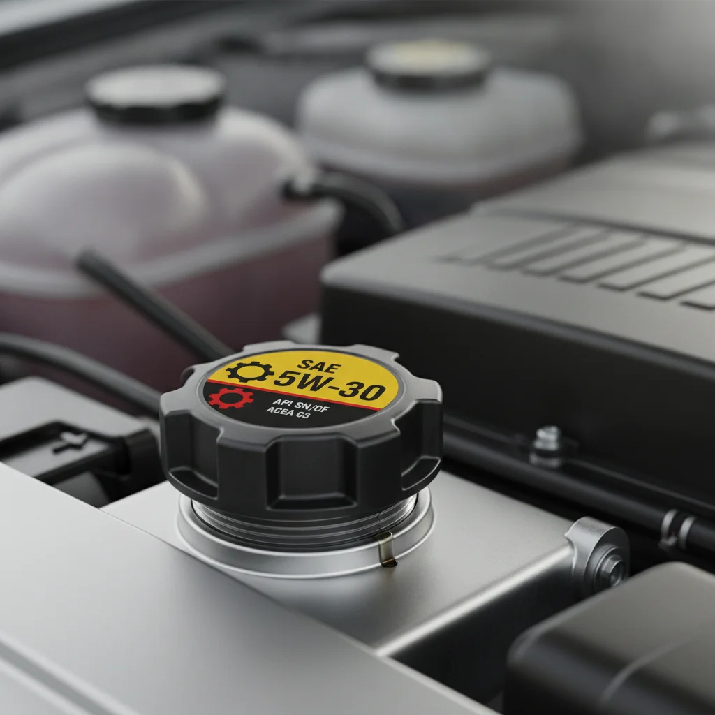 Close-up of an engine oil filler cap with viscosity grade printed on top