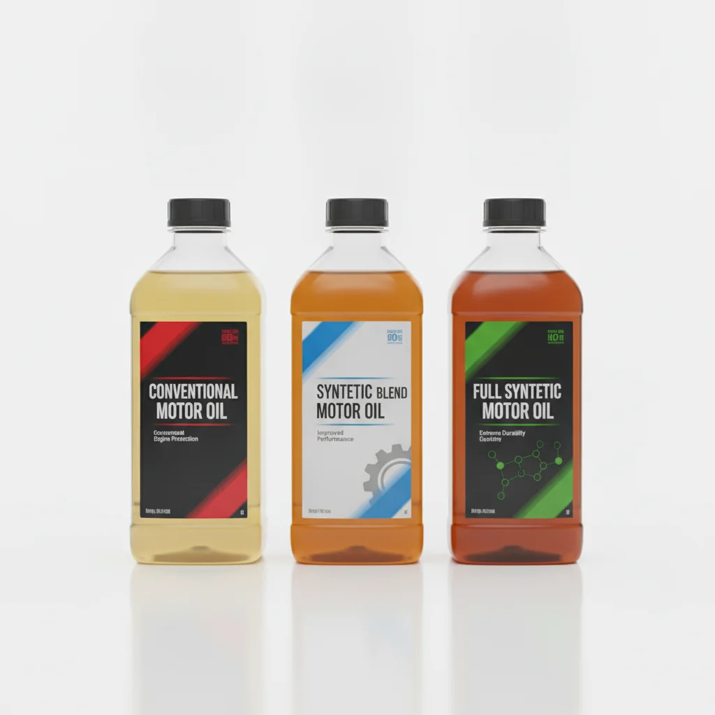 Three motor oil bottles labeled conventional, synthetic blend, and full synthetic side by side