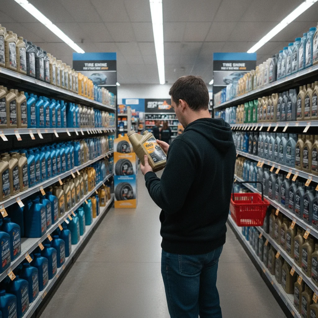 Person reading the back label of a motor oil bottle in an auto parts store aisle
