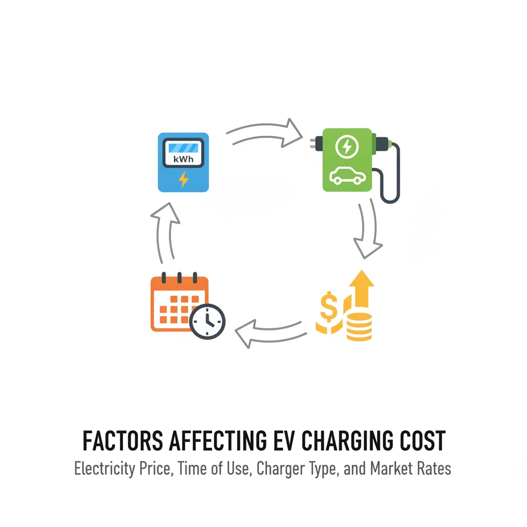 Flat illustration showing the interconnected factors that determine EV charging costs