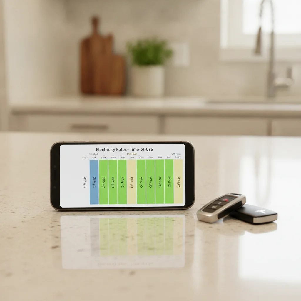 Smartphone showing a time-of-use electricity rate chart with off-peak hours highlighted in green