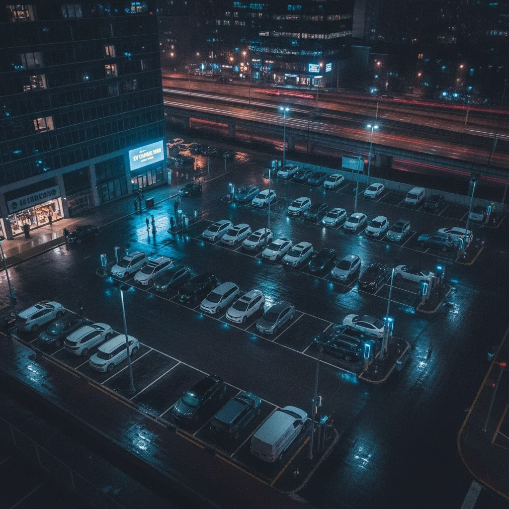 Multiple electric vehicles plugged in at a public DC fast charging plaza at night