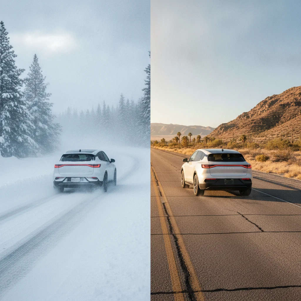 Side-by-side comparison of an electric vehicle driving in winter snow versus summer heat on a highway