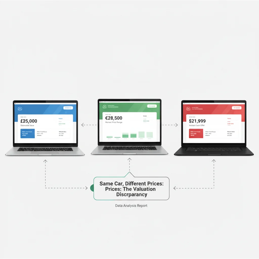 Three different car valuation tool screens showing varying price estimates for the same vehicle