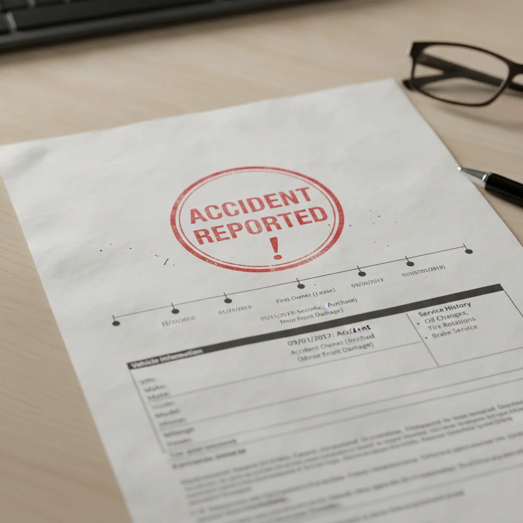 Vehicle history report showing accident record and ownership timeline on a desk