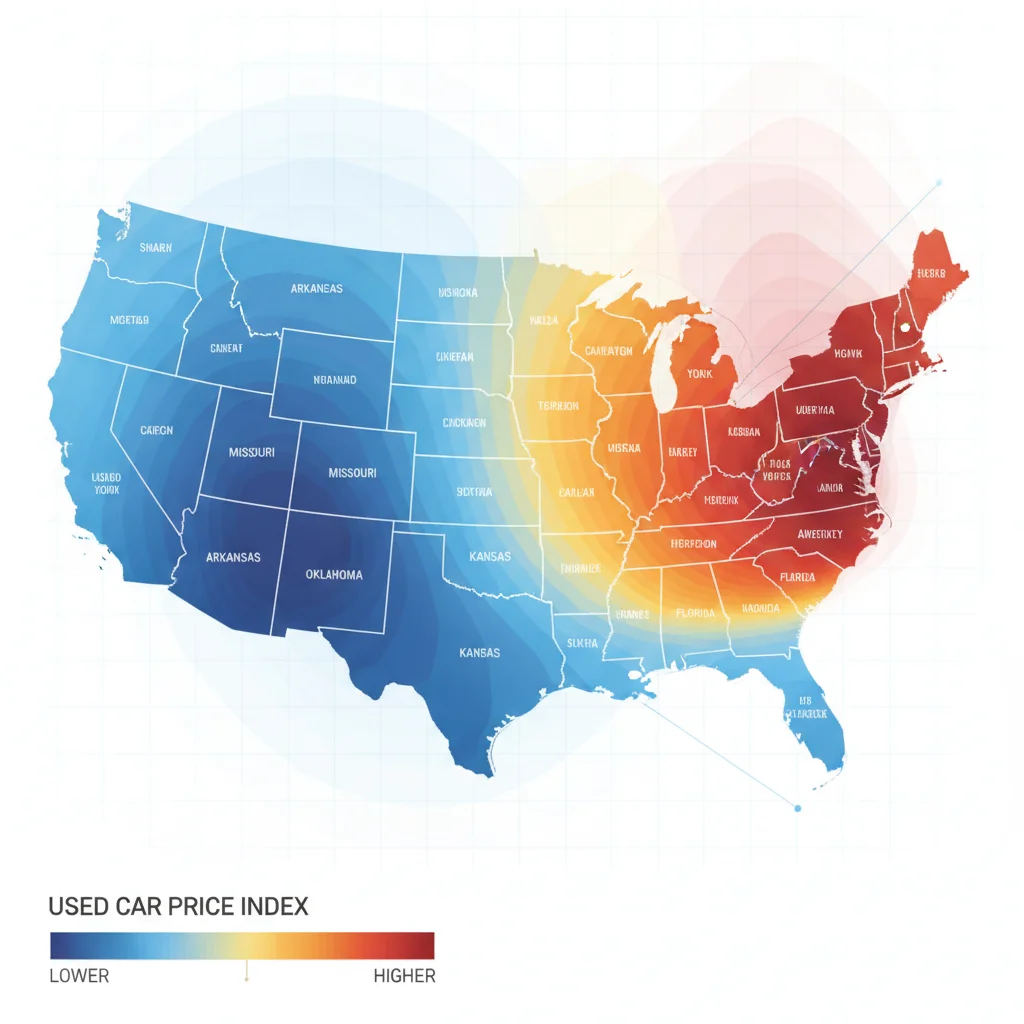 US map with regional heat gradient showing geographic variation in used car market values