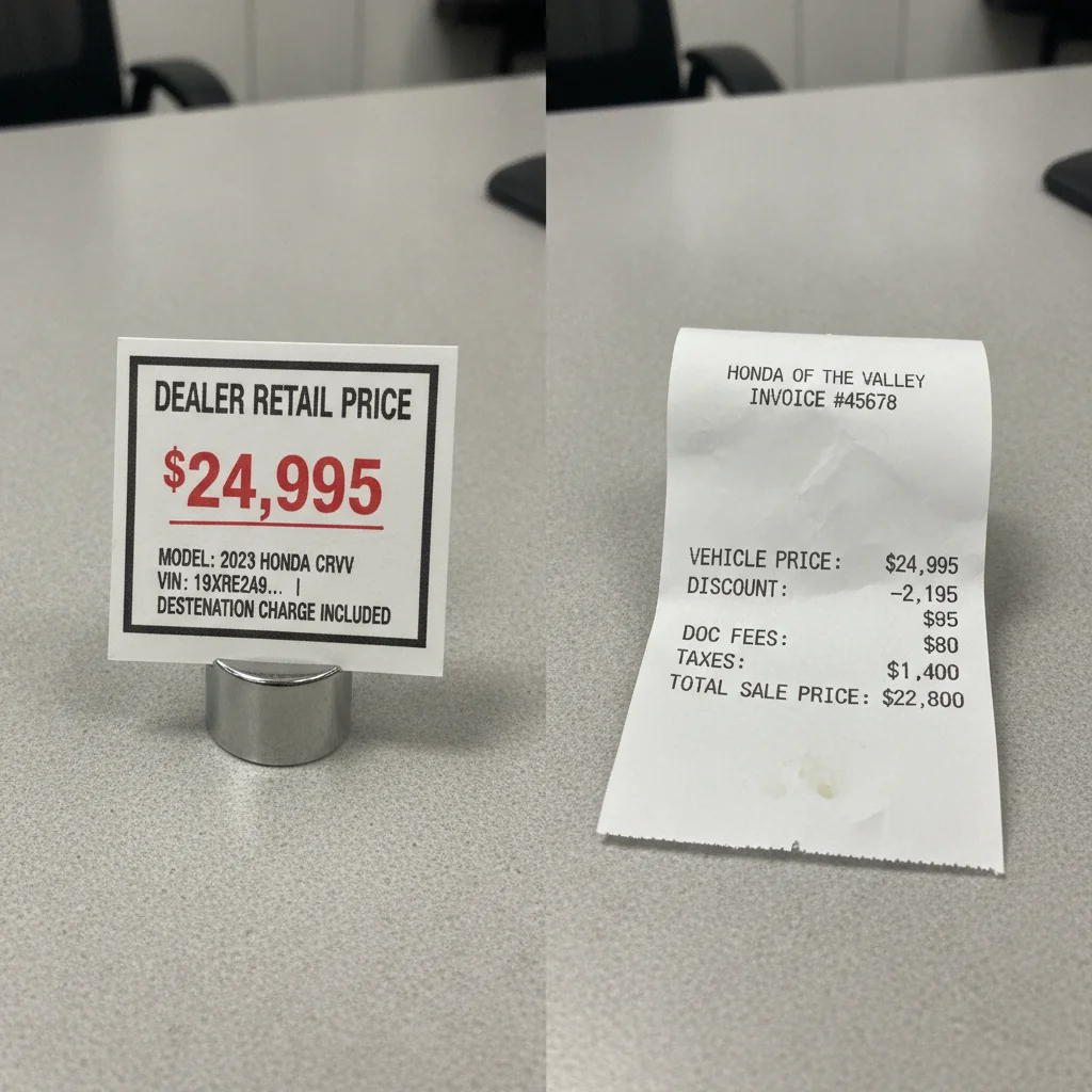 Dealer asking price tag versus actual transaction receipt showing the price gap between listing and sale