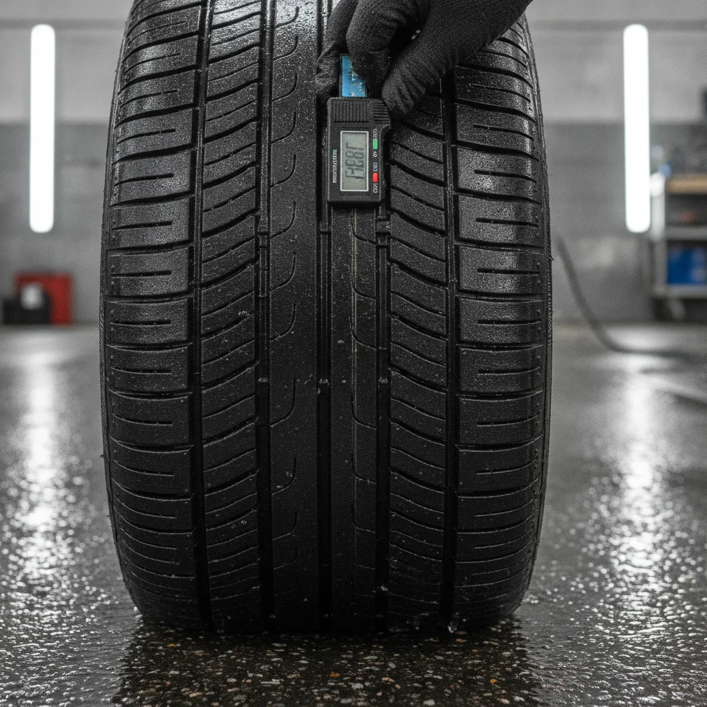 Technician measuring electric vehicle tire tread depth with a gauge in a professional workshop